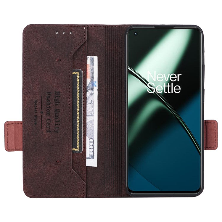 For OnePlus 11 5G Flip Cell Phone Cover Hardware Decor PU Leather Wallet Phone Case with Phone Stand Function - Coffee