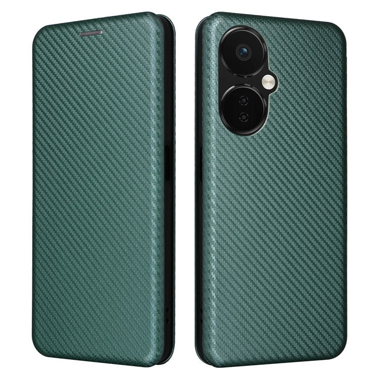PU Leather Stand Case for OnePlus Nord CE 3 Lite 5G / Nord N30 5G , Magnetic Absorption Design Carbon Fiber Texture Phone Cover with Card Holder- Green