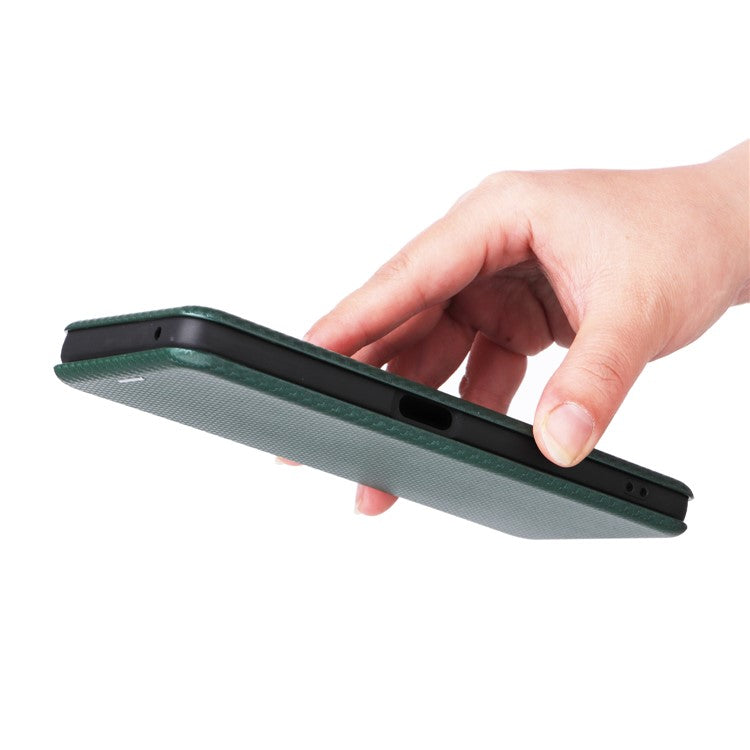 PU Leather Stand Case for OnePlus Nord CE 3 Lite 5G / Nord N30 5G , Magnetic Absorption Design Carbon Fiber Texture Phone Cover with Card Holder- Green