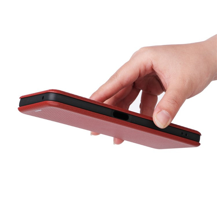 PU Leather Stand Case for OnePlus Nord CE 3 Lite 5G / Nord N30 5G , Magnetic Absorption Design Carbon Fiber Texture Phone Cover with Card Holder- Red