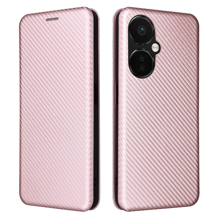 PU Leather Stand Case for OnePlus Nord CE 3 Lite 5G / Nord N30 5G , Magnetic Absorption Design Carbon Fiber Texture Phone Cover with Card Holder- Rose Gold
