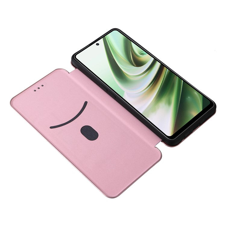 PU Leather Stand Case for OnePlus Nord CE 3 Lite 5G / Nord N30 5G , Magnetic Absorption Design Carbon Fiber Texture Phone Cover with Card Holder- Rose Gold