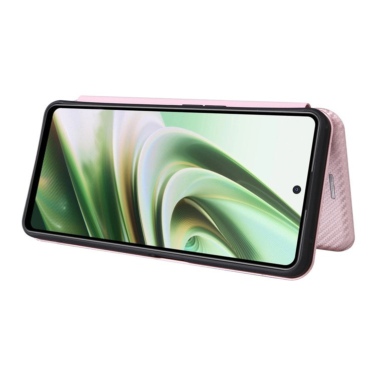 PU Leather Stand Case for OnePlus Nord CE 3 Lite 5G / Nord N30 5G , Magnetic Absorption Design Carbon Fiber Texture Phone Cover with Card Holder- Rose Gold
