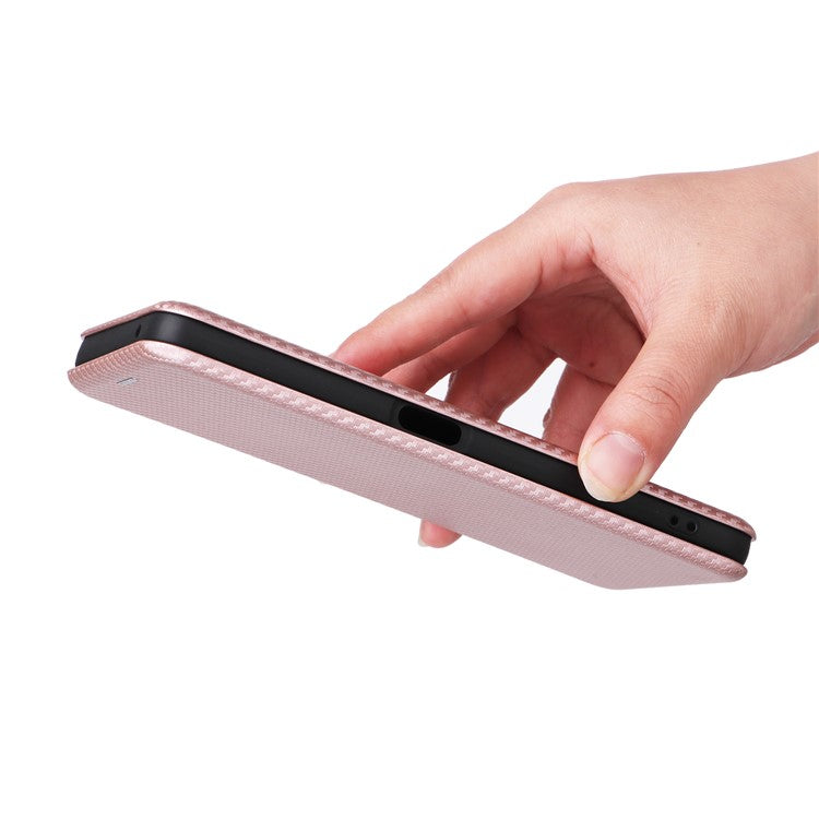 PU Leather Stand Case for OnePlus Nord CE 3 Lite 5G / Nord N30 5G , Magnetic Absorption Design Carbon Fiber Texture Phone Cover with Card Holder- Rose Gold