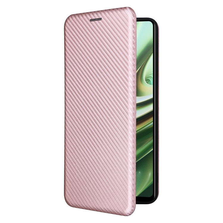 PU Leather Stand Case for OnePlus Nord CE 3 Lite 5G / Nord N30 5G , Magnetic Absorption Design Carbon Fiber Texture Phone Cover with Card Holder- Rose Gold