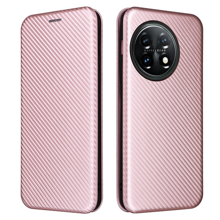 For OnePlus 11 5G PU Leather Stand Card Slots Case Carbon Fiber Texture Magnetic Auto-absorbed Folio Phone Cover - Rose Gold