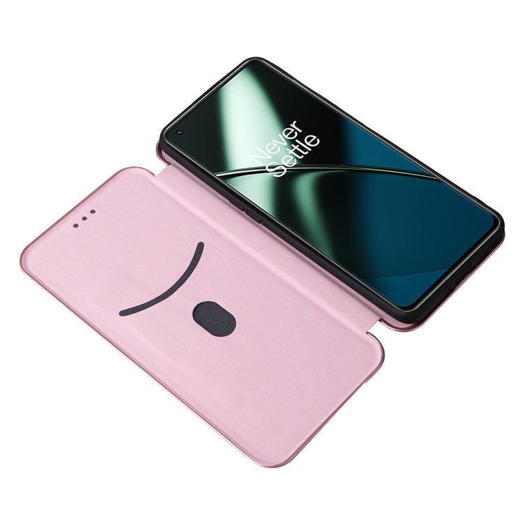 For OnePlus 11 5G PU Leather Stand Card Slots Case Carbon Fiber Texture Magnetic Auto-absorbed Folio Phone Cover - Rose Gold