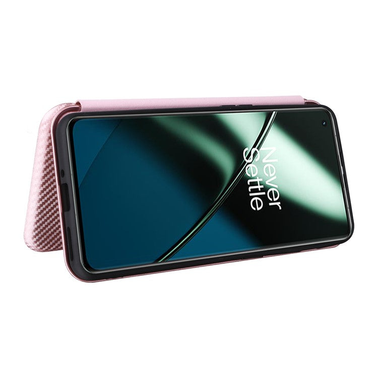 For OnePlus 11 5G PU Leather Stand Card Slots Case Carbon Fiber Texture Magnetic Auto-absorbed Folio Phone Cover - Rose Gold