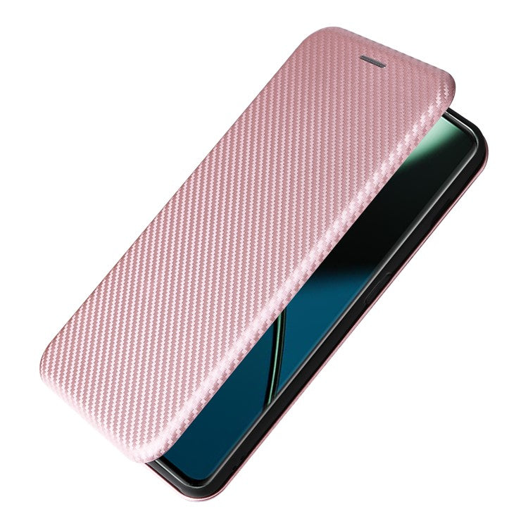 For OnePlus 11 5G PU Leather Stand Card Slots Case Carbon Fiber Texture Magnetic Auto-absorbed Folio Phone Cover - Rose Gold