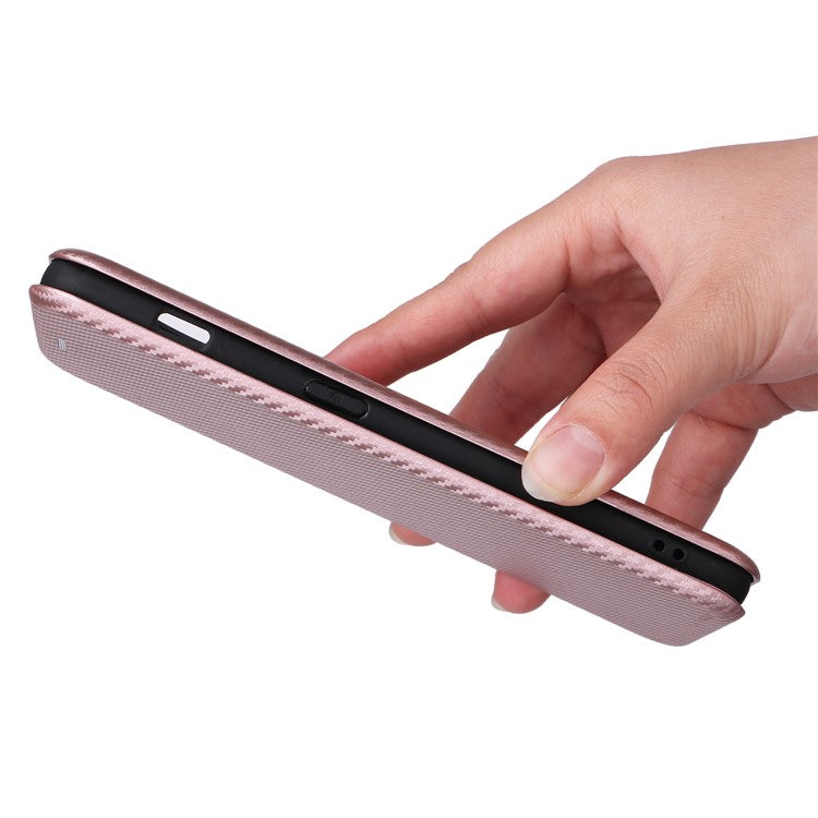 For OnePlus 11 5G PU Leather Stand Card Slots Case Carbon Fiber Texture Magnetic Auto-absorbed Folio Phone Cover - Rose Gold