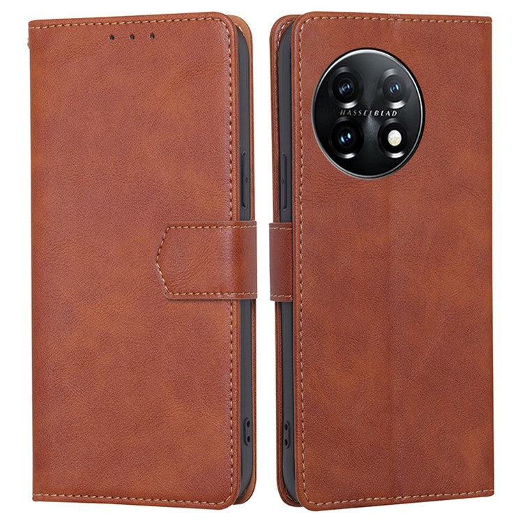 For OnePlus 11 5G Anti-drop Cowhide Texture PU Leather Stand Wallet Phone Case RFID Blocking Cover - Brown
