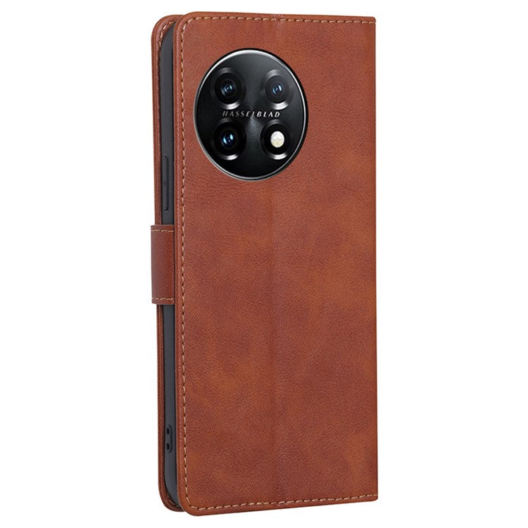 For OnePlus 11 5G Anti-drop Cowhide Texture PU Leather Stand Wallet Phone Case RFID Blocking Cover - Brown