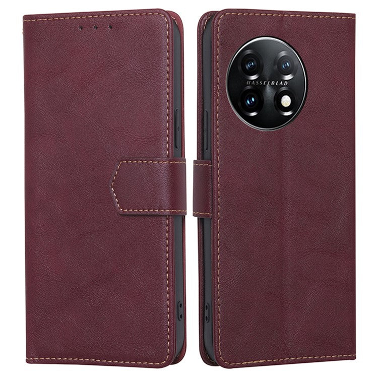 For OnePlus 11 5G Anti-drop Cowhide Texture PU Leather Stand Wallet Phone Case RFID Blocking Cover - Wine Red