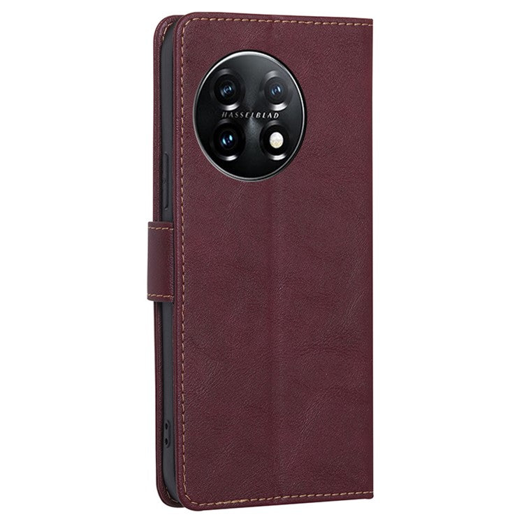 For OnePlus 11 5G Anti-drop Cowhide Texture PU Leather Stand Wallet Phone Case RFID Blocking Cover - Wine Red