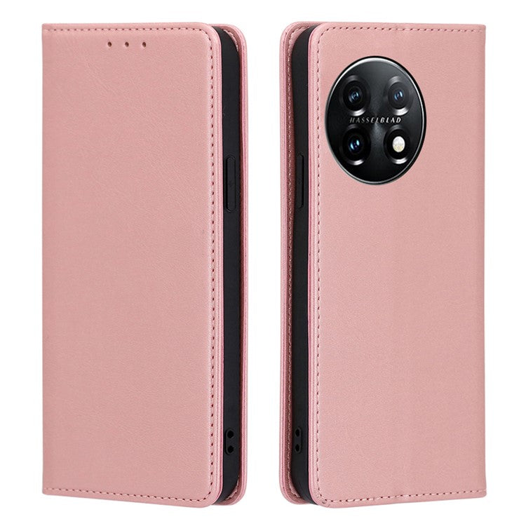 For OnePlus 11 5G Calf Texture Protective Phone Case Wallet Stand PU Leather Anti-drop Cell Phone Cover - Rose Gold