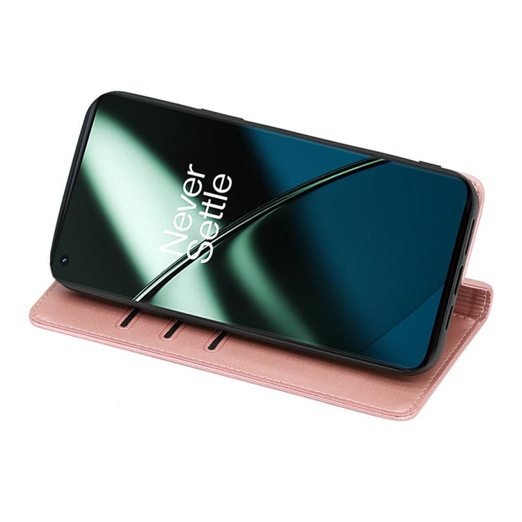 For OnePlus 11 5G Calf Texture Protective Phone Case Wallet Stand PU Leather Anti-drop Cell Phone Cover - Rose Gold