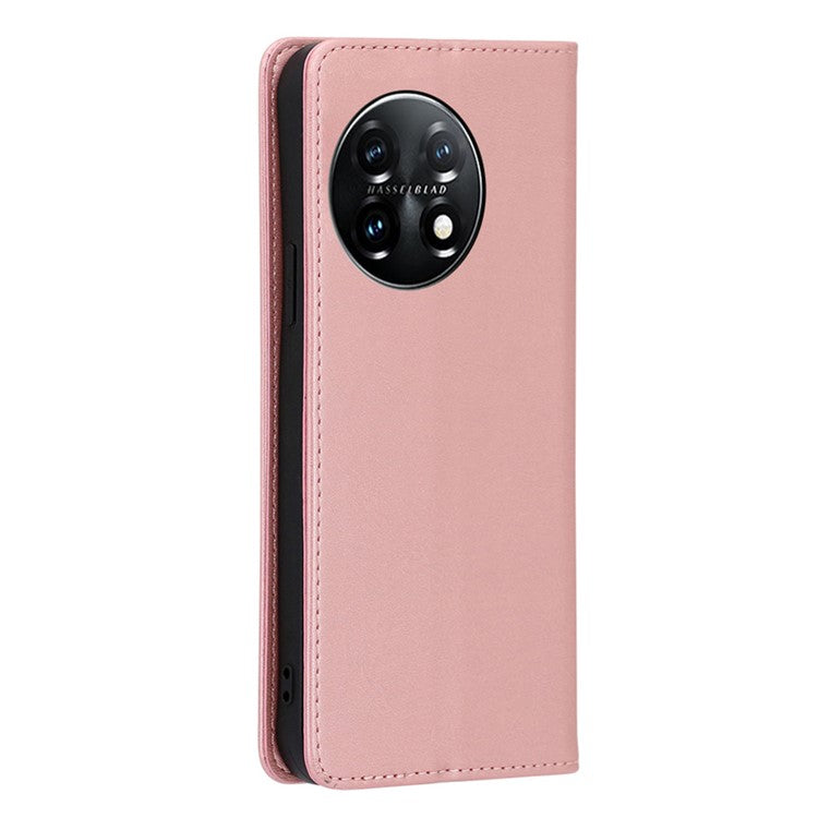 For OnePlus 11 5G Calf Texture Protective Phone Case Wallet Stand PU Leather Anti-drop Cell Phone Cover - Rose Gold