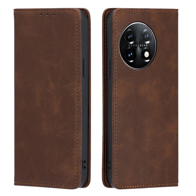 For OnePlus 11 5G Calf Texture Protective Phone Case Wallet Stand PU Leather Anti-drop Cell Phone Cover - Brown