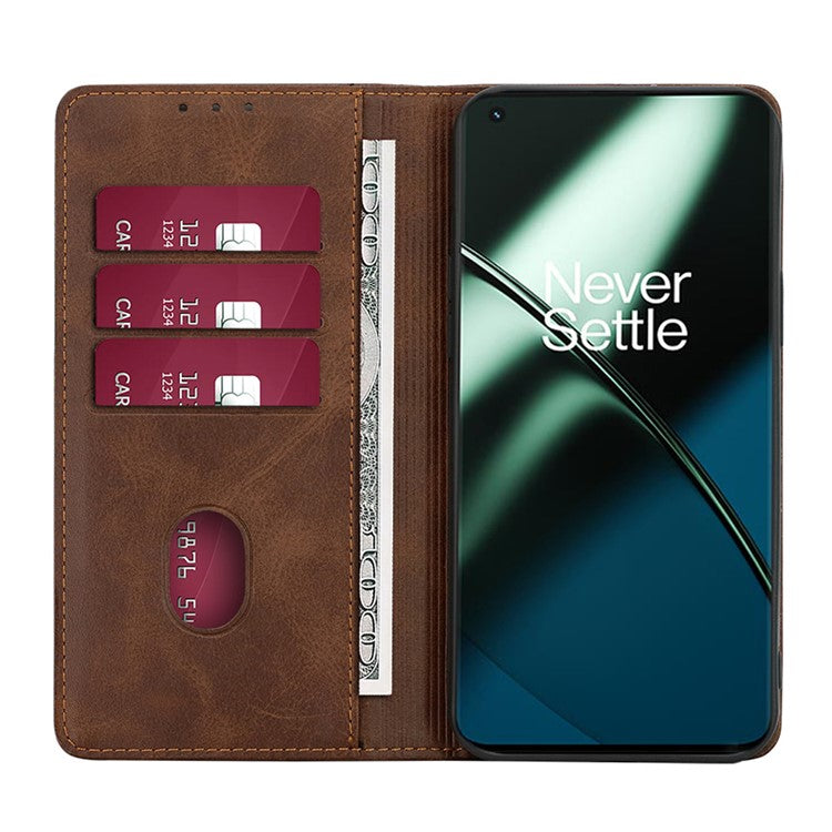 For OnePlus 11 5G Calf Texture Protective Phone Case Wallet Stand PU Leather Anti-drop Cell Phone Cover - Brown