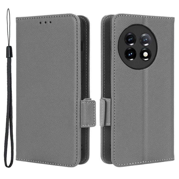 Anti-drop Phone Cover For OnePlus 11 5G Wallet Stand Litchi Texture PU Leather Protective Phone Case - Grey