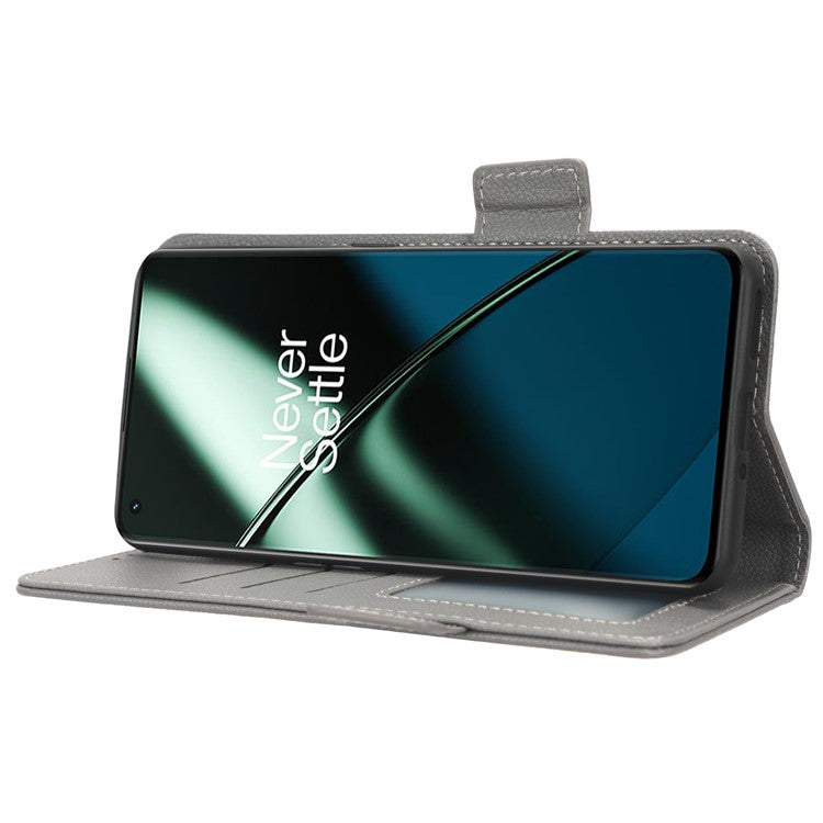 Anti-drop Phone Cover For OnePlus 11 5G Wallet Stand Litchi Texture PU Leather Protective Phone Case - Grey