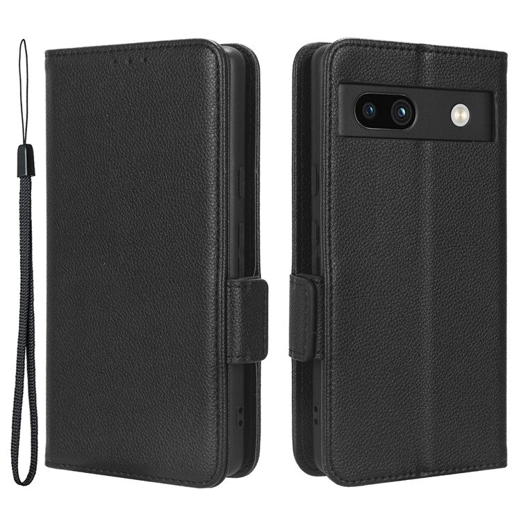 Cell Phone Cover For Google Pixel 7a , Wallet Stand Litchi Texture PU Leather Anti-fall Flip Phone Case - Black