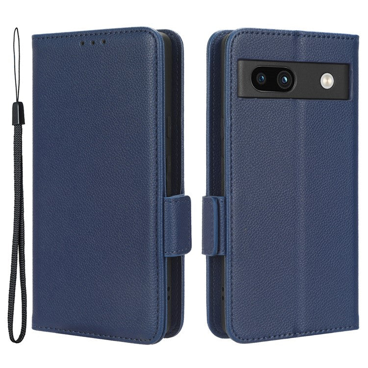 Cell Phone Cover For Google Pixel 7a , Wallet Stand Litchi Texture PU Leather Anti-fall Flip Phone Case - Dark Blue