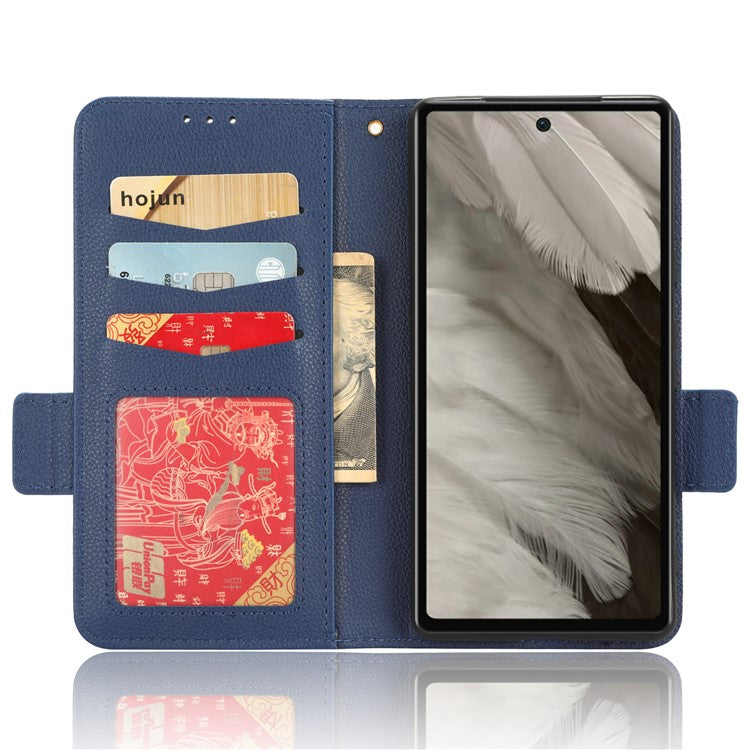 Cell Phone Cover For Google Pixel 7a , Wallet Stand Litchi Texture PU Leather Anti-fall Flip Phone Case - Dark Blue