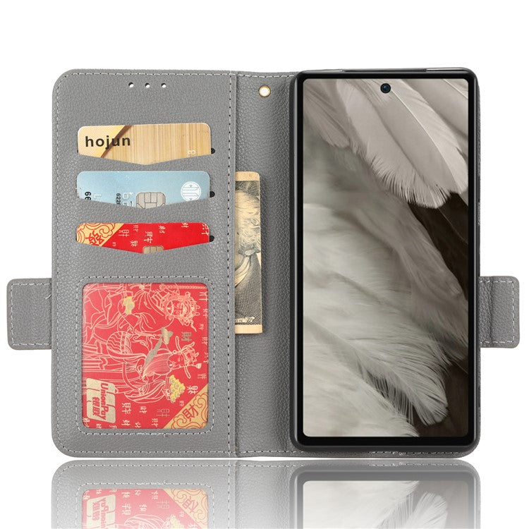 Cell Phone Cover For Google Pixel 7a , Wallet Stand Litchi Texture PU Leather Anti-fall Flip Phone Case - Grey
