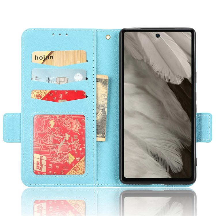 Cell Phone Cover For Google Pixel 7a , Wallet Stand Litchi Texture PU Leather Anti-fall Flip Phone Case - Baby Blue