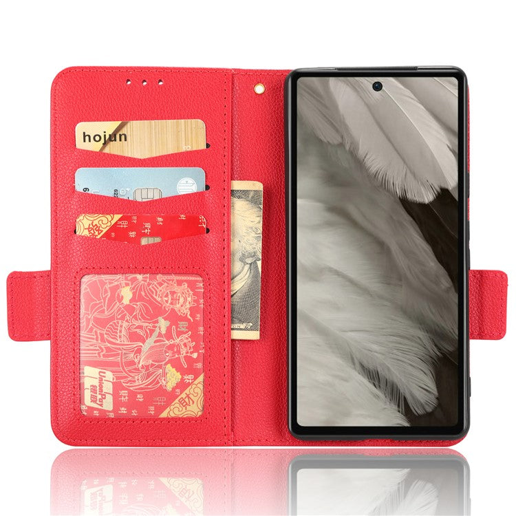 Cell Phone Cover For Google Pixel 7a , Wallet Stand Litchi Texture PU Leather Anti-fall Flip Phone Case - Red