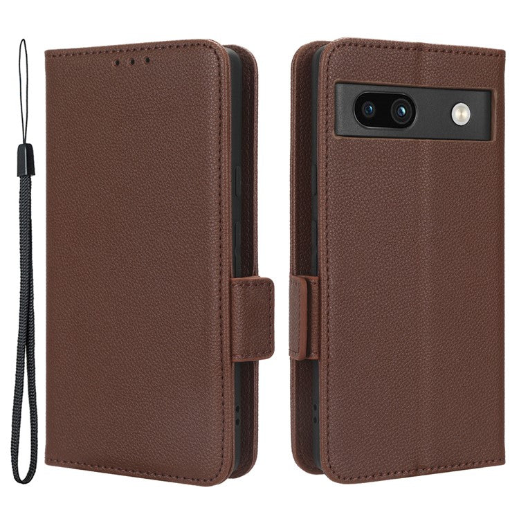 Cell Phone Cover For Google Pixel 7a , Wallet Stand Litchi Texture PU Leather Anti-fall Flip Phone Case - Brown