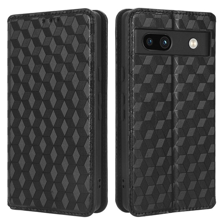 Wallet Phone Case for Google Pixel 7a , PU Leather Imprinted Rhombus Pattern Flip Folio Stand Phone Cover - Black