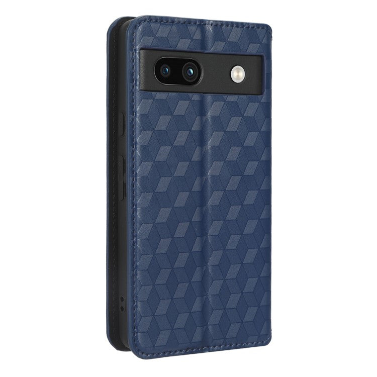 Wallet Phone Case for Google Pixel 7a , PU Leather Imprinted Rhombus Pattern Flip Folio Stand Phone Cover - Blue