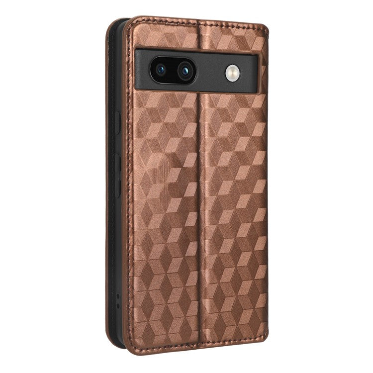 Wallet Phone Case for Google Pixel 7a , PU Leather Imprinted Rhombus Pattern Flip Folio Stand Phone Cover - Brown