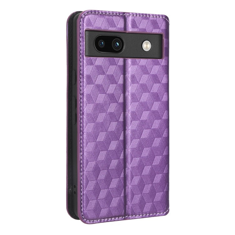 Wallet Phone Case for Google Pixel 7a , PU Leather Imprinted Rhombus Pattern Flip Folio Stand Phone Cover - Purple