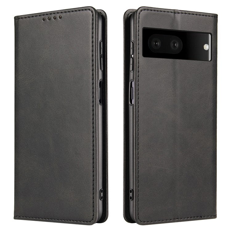 For Google Pixel 7 5G Drop-proof Leather Phone Case Wallet Stand Calf Texture Magnetic Mobile Phone Cover - Black