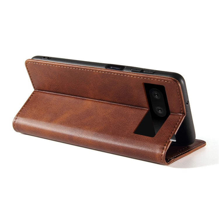 For Google Pixel 7 5G Drop-proof Leather Phone Case Wallet Stand Calf Texture Magnetic Mobile Phone Cover - Brown