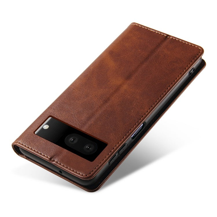 For Google Pixel 7 5G Drop-proof Leather Phone Case Wallet Stand Calf Texture Magnetic Mobile Phone Cover - Brown