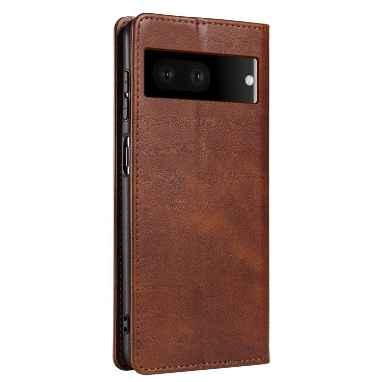 For Google Pixel 7 5G Drop-proof Leather Phone Case Wallet Stand Calf Texture Magnetic Mobile Phone Cover - Brown