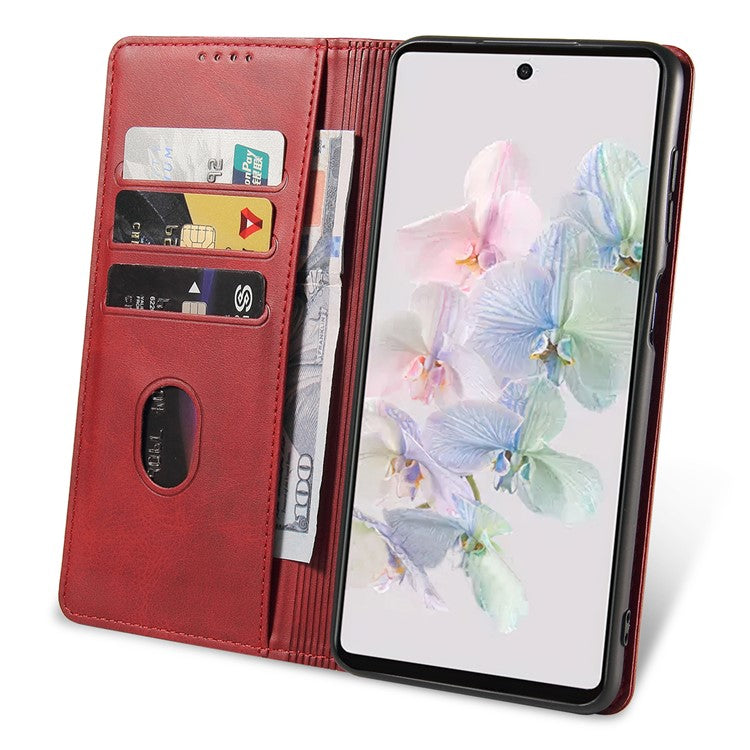 For Google Pixel 7 5G Drop-proof Leather Phone Case Wallet Stand Calf Texture Magnetic Mobile Phone Cover - Red