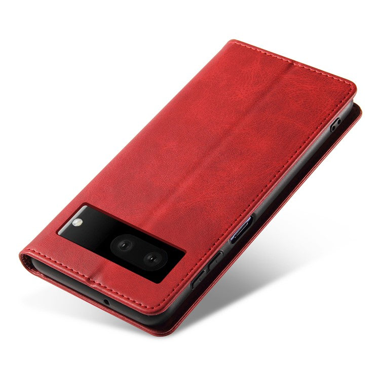 For Google Pixel 7 5G Drop-proof Leather Phone Case Wallet Stand Calf Texture Magnetic Mobile Phone Cover - Red