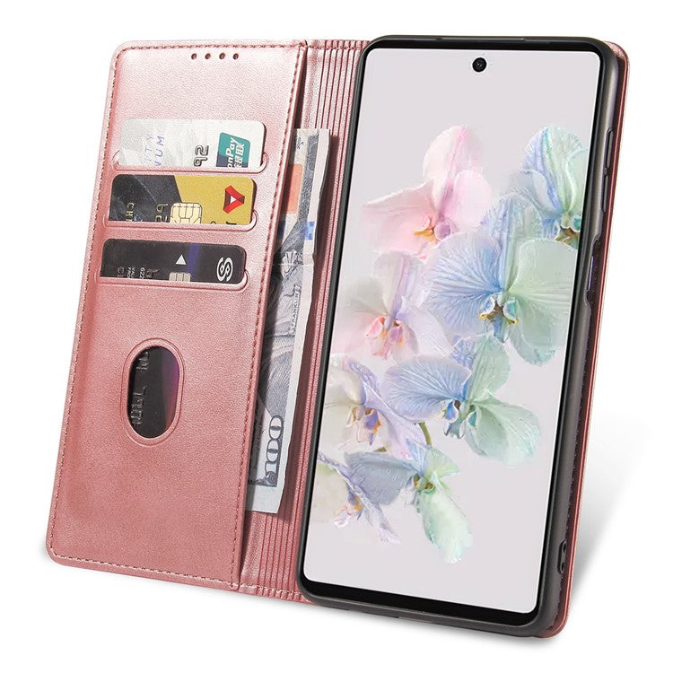 For Google Pixel 7 5G Drop-proof Leather Phone Case Wallet Stand Calf Texture Magnetic Mobile Phone Cover - Rose Gold