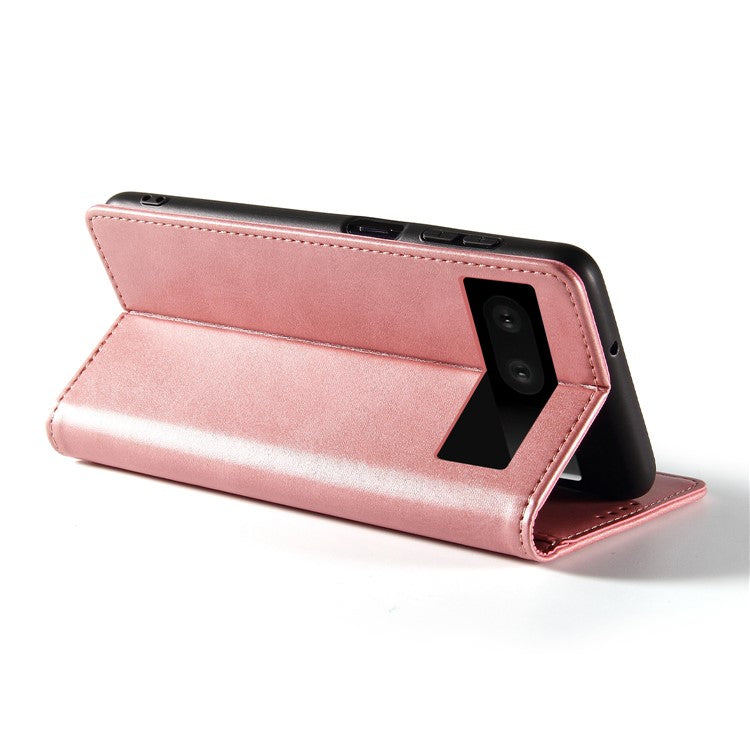 For Google Pixel 7 5G Drop-proof Leather Phone Case Wallet Stand Calf Texture Magnetic Mobile Phone Cover - Rose Gold