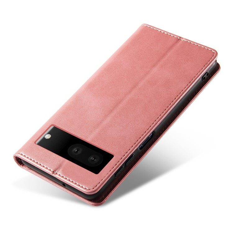 For Google Pixel 7 5G Drop-proof Leather Phone Case Wallet Stand Calf Texture Magnetic Mobile Phone Cover - Rose Gold