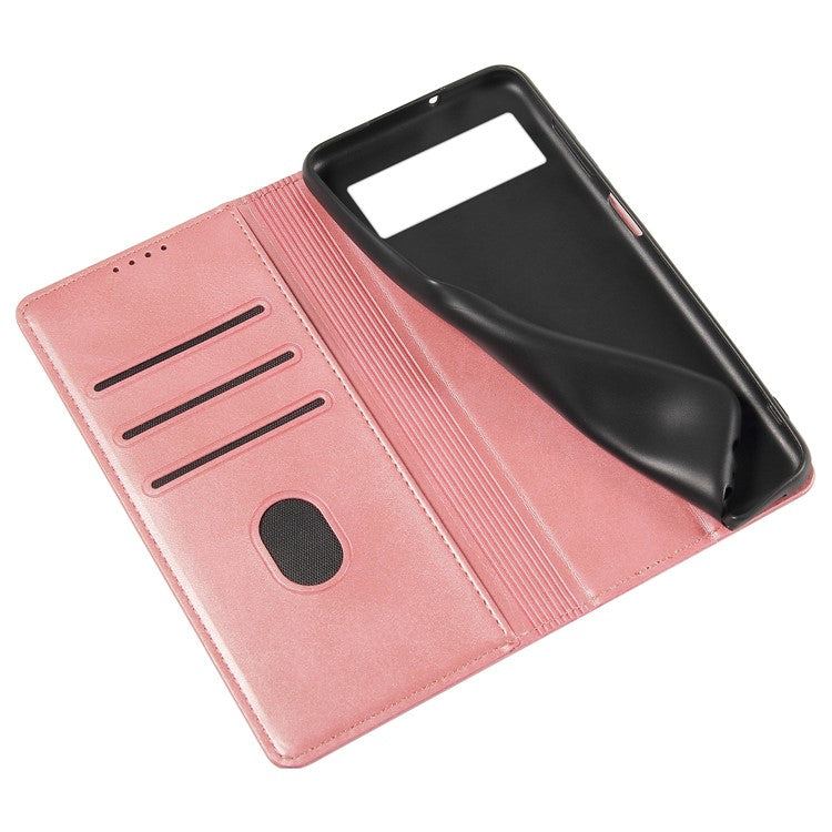 For Google Pixel 7 5G Drop-proof Leather Phone Case Wallet Stand Calf Texture Magnetic Mobile Phone Cover - Rose Gold