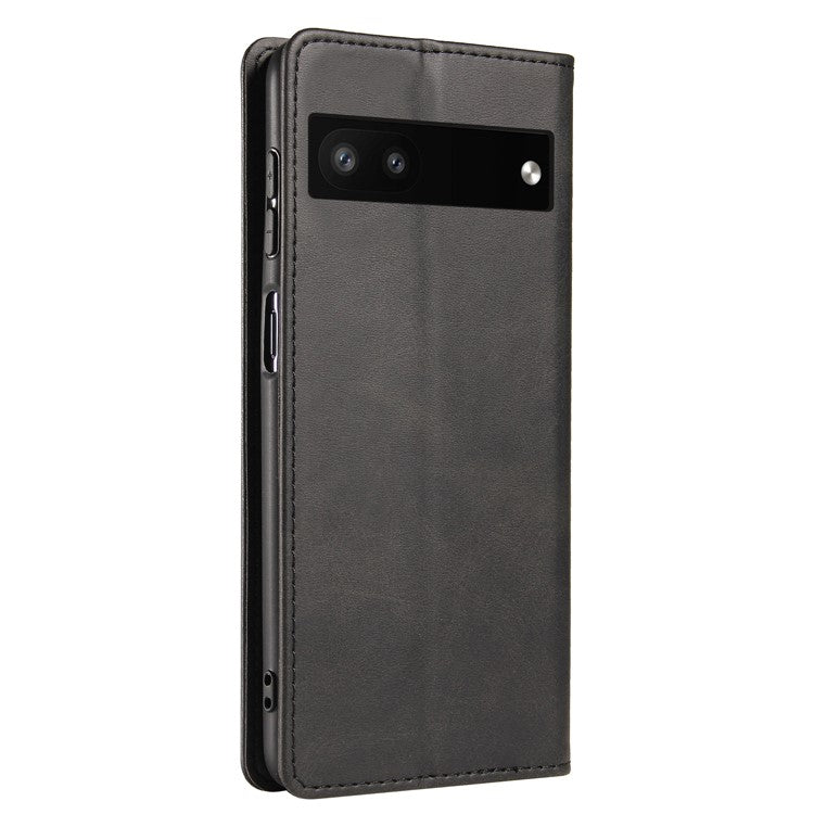 Full Protection Leather Phone Case For Google Pixel 6a , Wallet Stand Calf Texture Magnetic Closure Phone Cover - Black