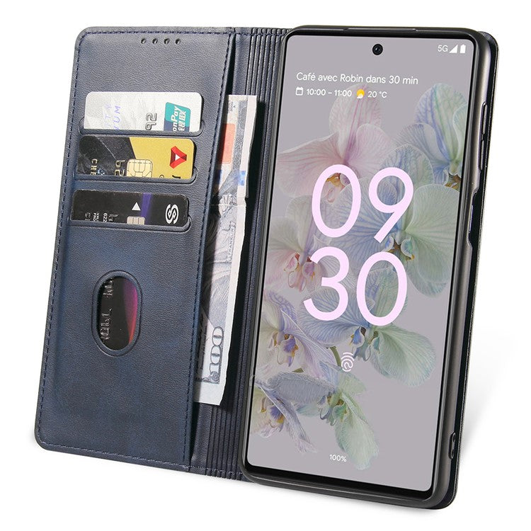 Full Protection Leather Phone Case For Google Pixel 6a , Wallet Stand Calf Texture Magnetic Closure Phone Cover - Blue