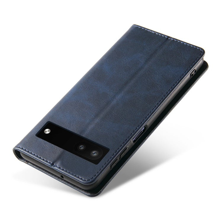 Full Protection Leather Phone Case For Google Pixel 6a , Wallet Stand Calf Texture Magnetic Closure Phone Cover - Blue