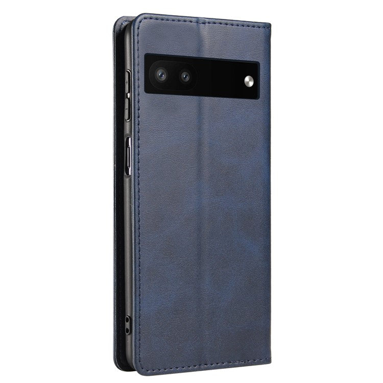Full Protection Leather Phone Case For Google Pixel 6a , Wallet Stand Calf Texture Magnetic Closure Phone Cover - Blue